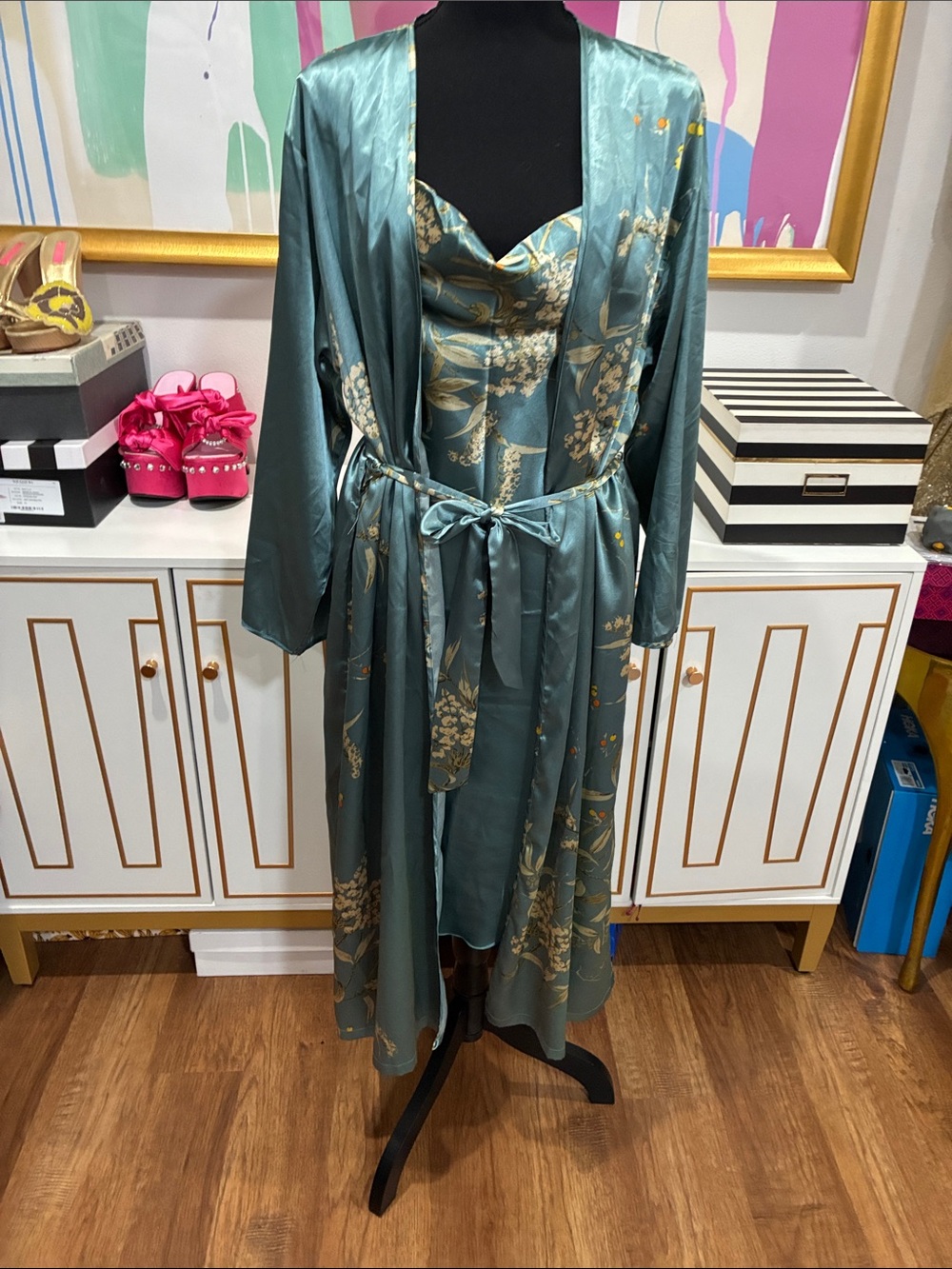 Silk-Feel Teal Floral Robe & Slip Set